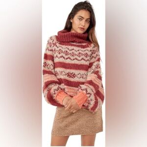 Free People Red and Cream Cowl Neck Sweater